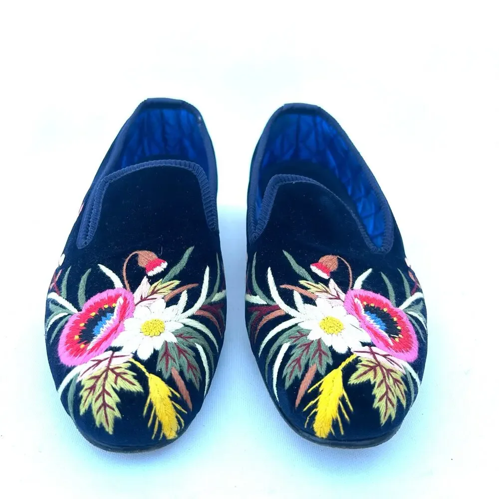 Shipton & Heneage Men’s Velvet Smoking Slippers Loafers Floral Flowers US 9